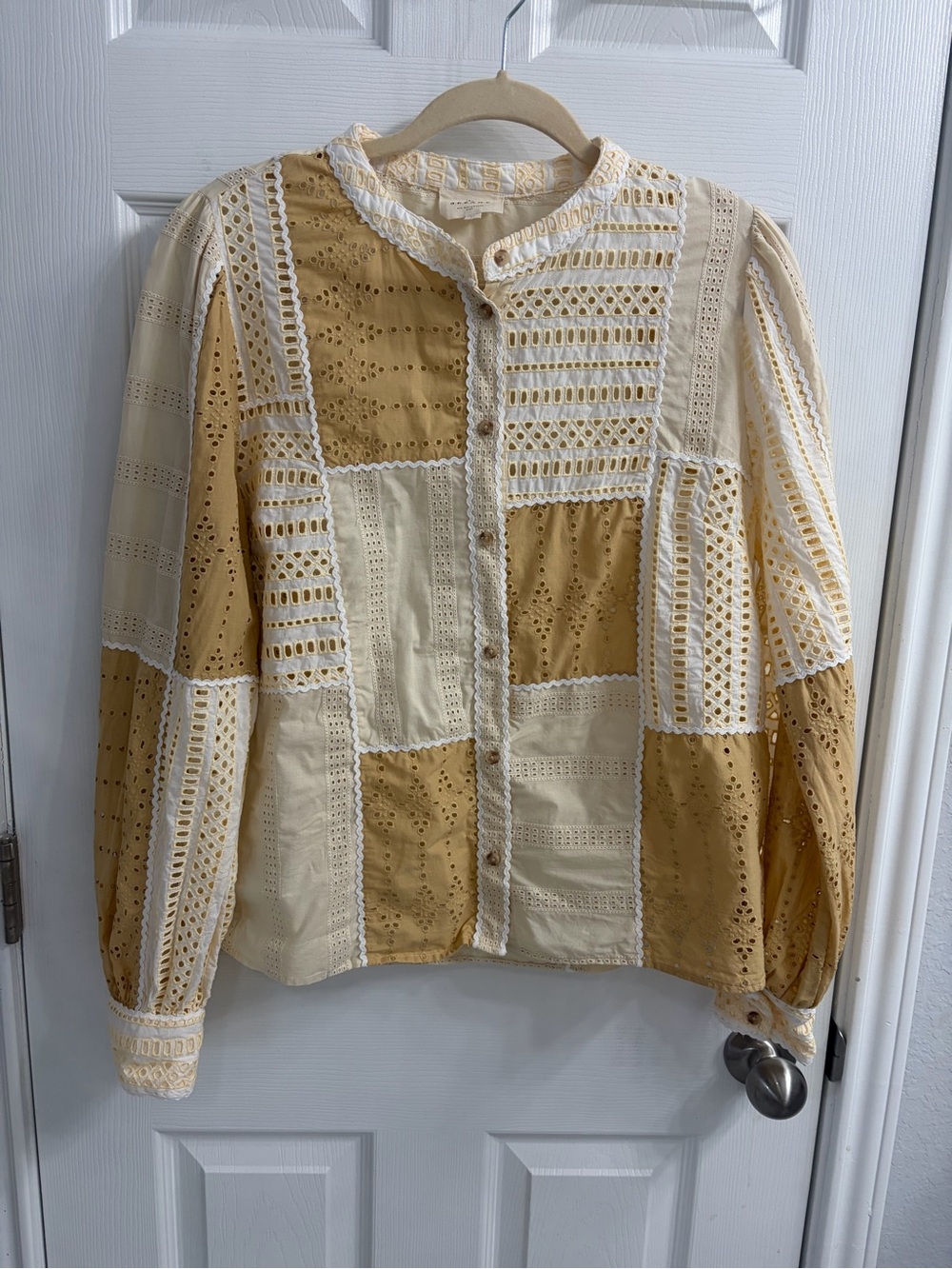 Sezane Patchwork Eyelet Button-Down Shirt in Cream and Mustard